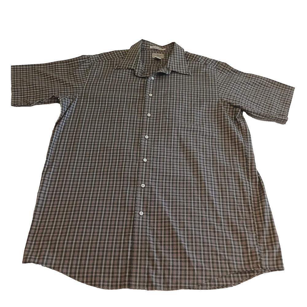 LL Bean Button Shirt Men XL Tall Green Brown Short Sleeve Wrinkle Resistant VTG